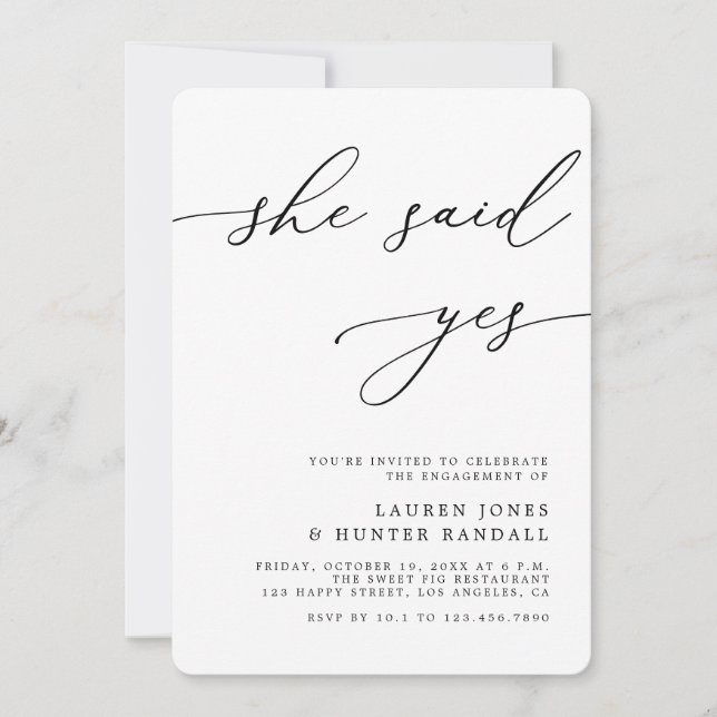 Elegant Calligraphy She Said Yes Engagement Party Invitation (Front)