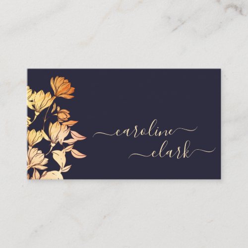 Elegant Calligraphy Signature Floral Navy Blue Business Card