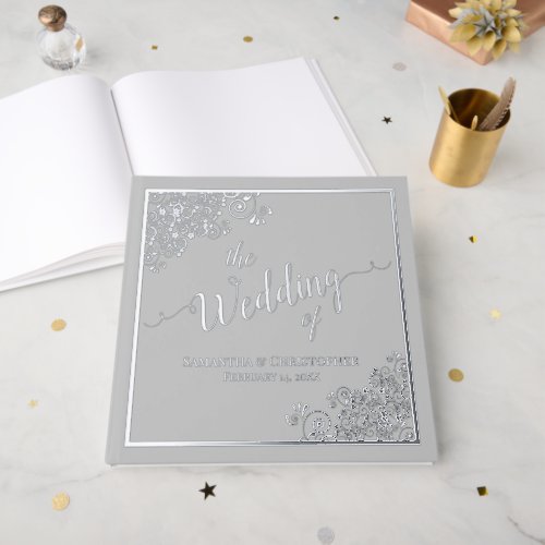 Elegant Calligraphy Silver Foil on Gray Wedding Foil Guest Book