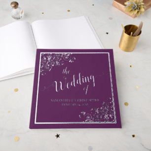 Elegant Calligraphy Silver Foil on Purple Wedding Foil Guest Book