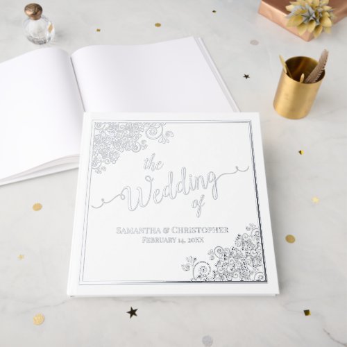 Elegant Calligraphy Silver Foil on White Wedding Foil Guest Book