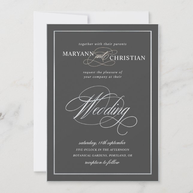 elegant calligraphy silver gray wedding invitation (Front)