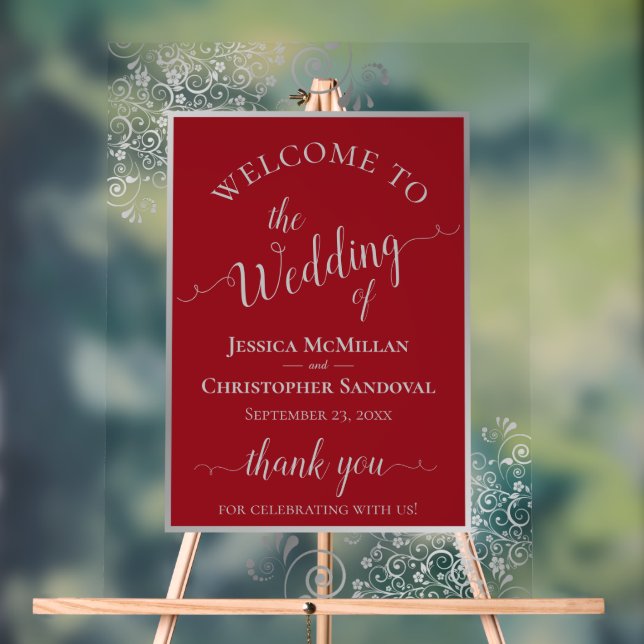 Elegant Calligraphy Silver & Red Wedding Welcome Acrylic Sign (Neutral)