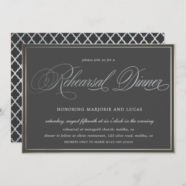 elegant calligraphy silver Rehearsal Dinner Invitation (Front/Back)