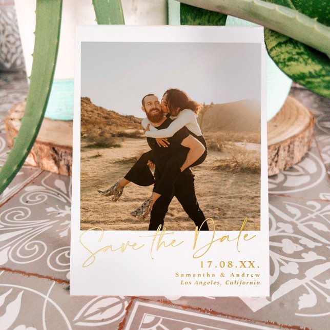 Elegant calligraphy simple 2 photos save the date foil invitation (Creator Uploaded)