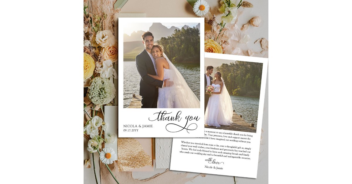 Elegant Calligraphy Simple Modern 2 Wedding Photo Thank You Card | Zazzle