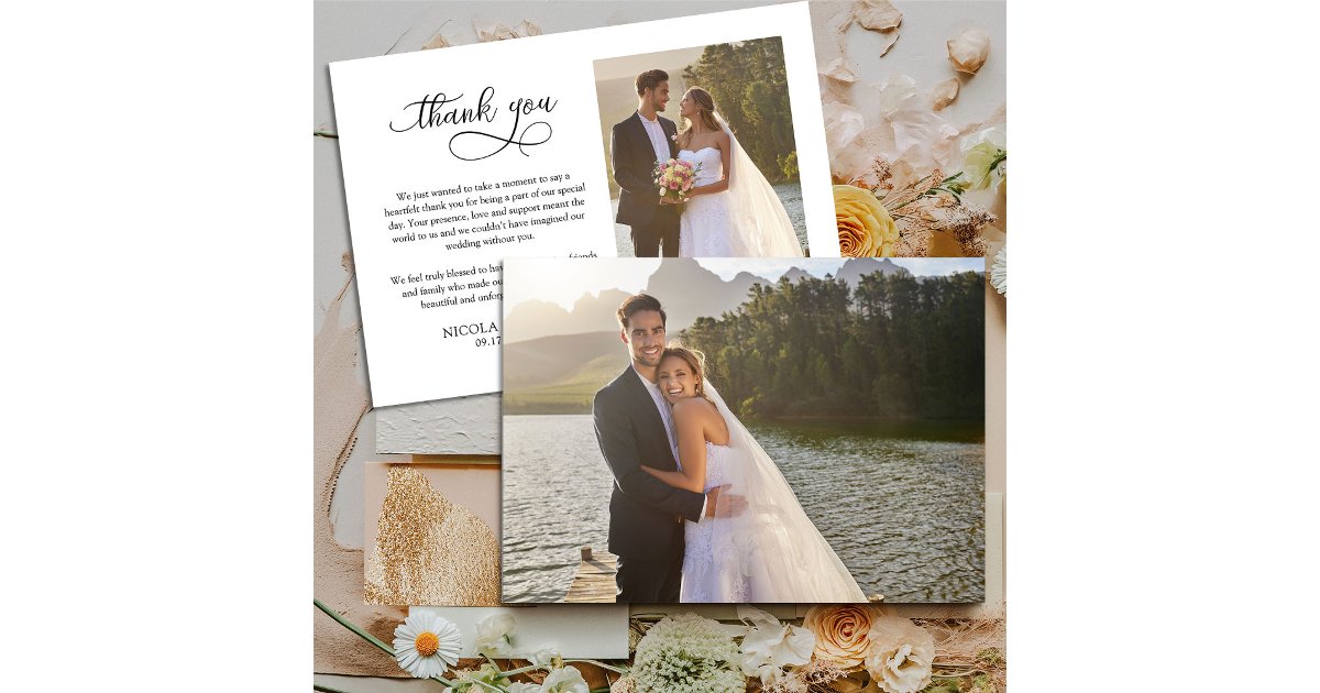 Elegant Calligraphy Simple Modern 2x Wedding Photo Thank You Card | Zazzle