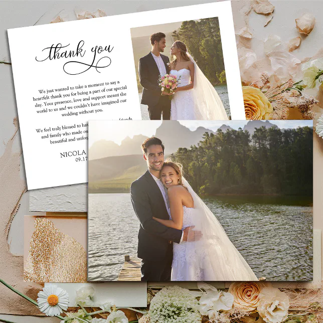 Elegant Calligraphy Simple Modern 2x Wedding Photo Thank You Card | Zazzle