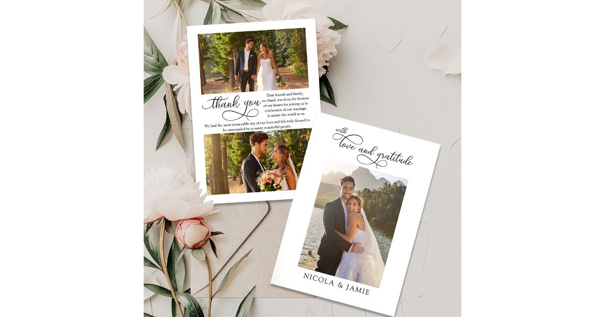 Elegant Calligraphy Simple Modern 3 Wedding Photo Thank You Card | Zazzle