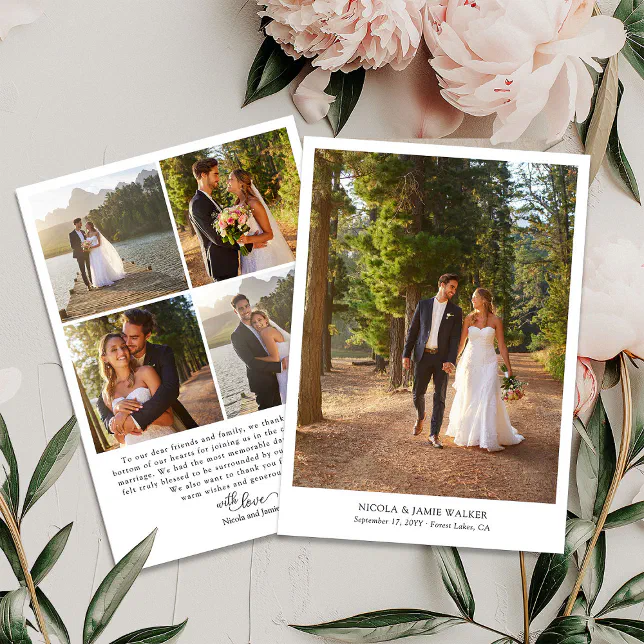 Elegant Calligraphy Simple Modern 5 Wedding Photo Thank You Card | Zazzle