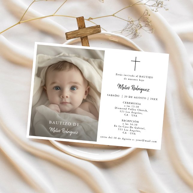Elegant Calligraphy Spanish Bautizo Photo Invitation (Creator Uploaded)