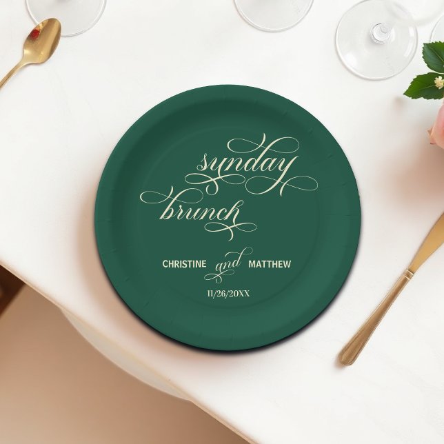 Elegant Calligraphy Sunday Brunch Teal Wedding Paper Plates (Creator Uploaded)