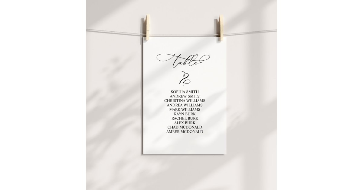 Elegant Calligraphy Table Number 2 Seating Chart | Zazzle