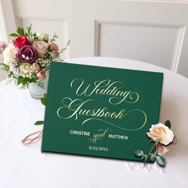 Elegant Calligraphy Teal Wedding Gold Foil Guest Book (Creator Uploaded)
