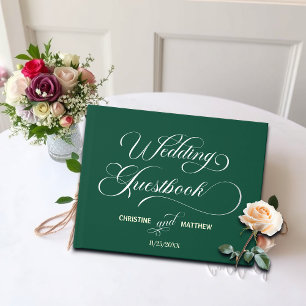 Elegant Calligraphy Teal Wedding Silver  Foil Guest Book