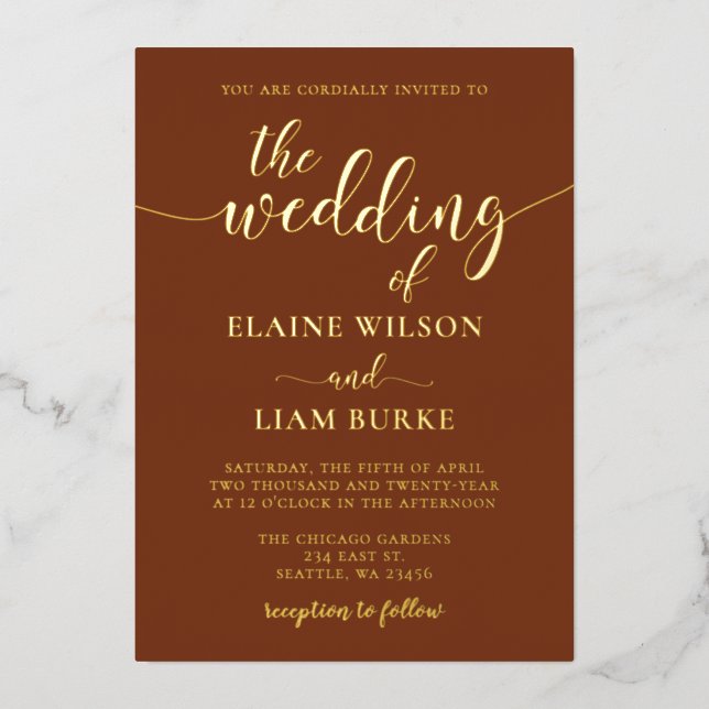 Elegant Calligraphy Terracotta Gold Wedding Foil Invitation (Front)
