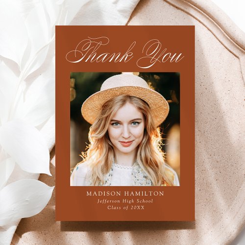 Elegant Calligraphy Terracotta Photo Graduation Thank You Card