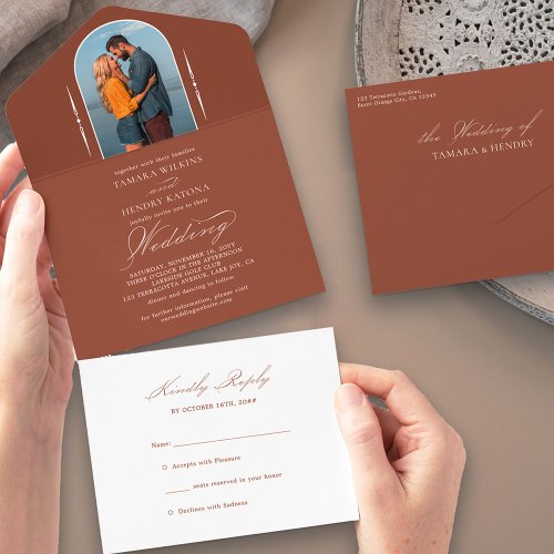 Elegant Calligraphy Terracotta Photo RSVP Wedding All In One Invitation