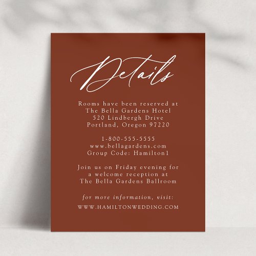 Elegant Calligraphy Terracotta Wedding Details Enclosure Card