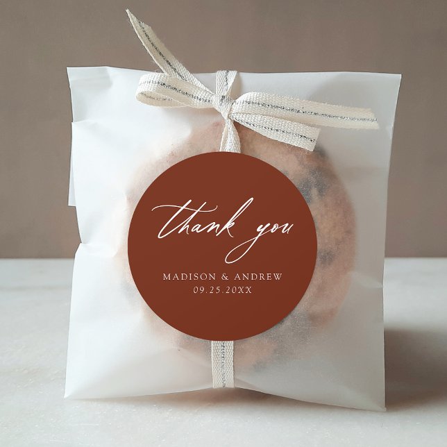 Elegant Calligraphy Terracotta Wedding Thank You Classic Round Sticker (Creator Uploaded)