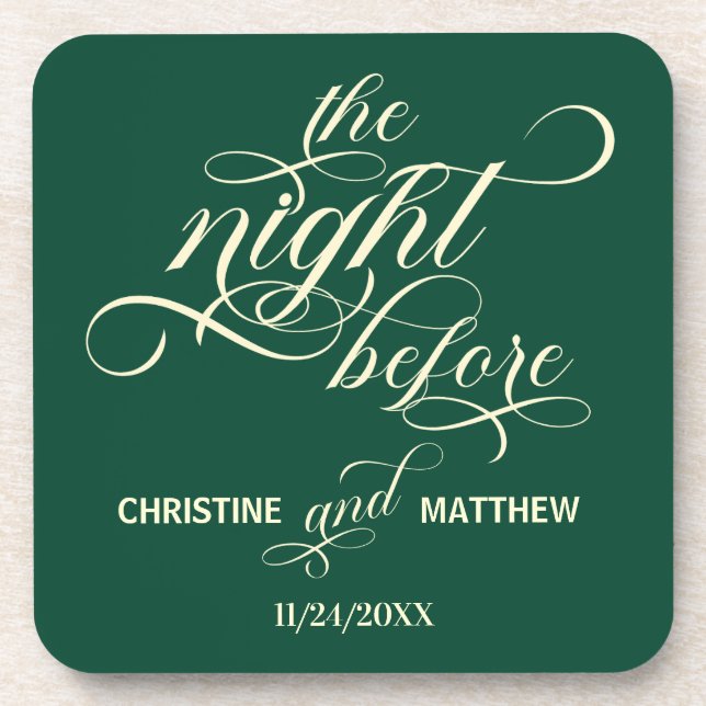 Elegant Calligraphy The Night Before Teal Wedding Beverage Coaster (Front)