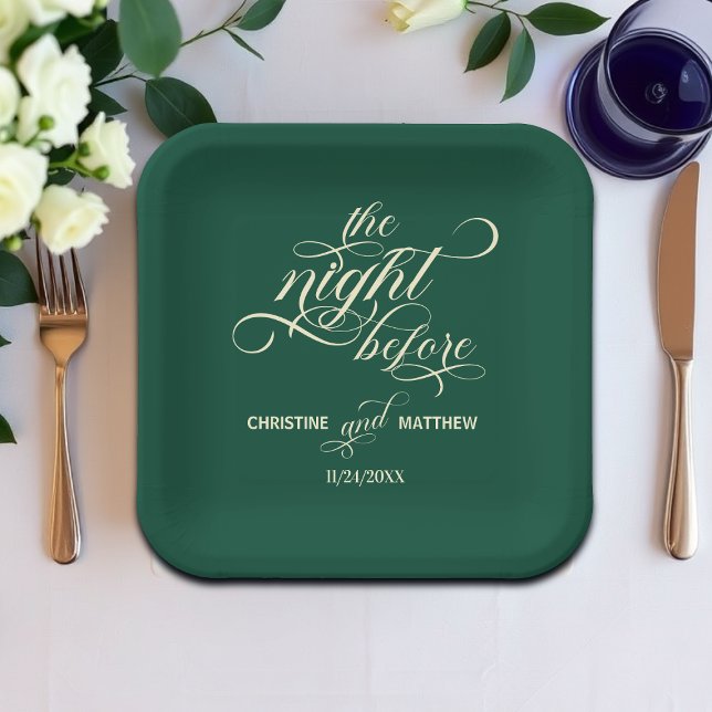 Elegant Calligraphy The Night Before Teal Wedding Paper Plates (Creator Uploaded)