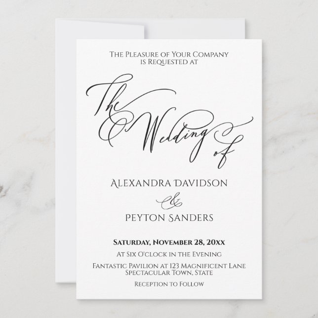 Elegant Calligraphy "The Wedding of" Black & White Invitation (Front)