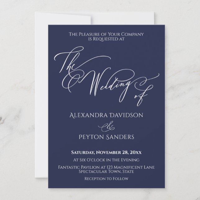 Elegant Calligraphy The Wedding of Navy Reception Invitation (Front)