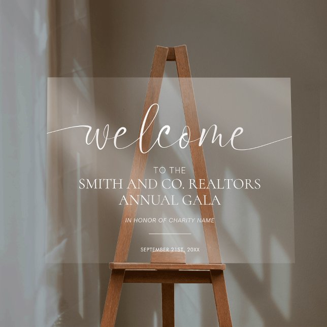 Elegant Calligraphy Transparent Corporate Welcome Acrylic Sign (Elegant business event transparent acrylic welcome sign *image is a mockup; easel is not included)