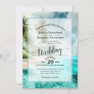 Elegant Calligraphy Tropical Beach QR Code Wedding Invitation
