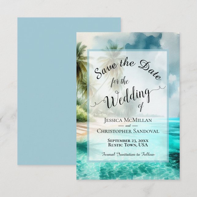 Elegant Calligraphy Tropical Beach Wedding Save The Date (Front/Back)
