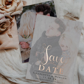 Elegant Calligraphy Two Photo Save the Date Foil Invitation