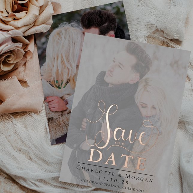 Elegant Calligraphy Two Photo Save the Date  Foil Invitation (Creator Uploaded)