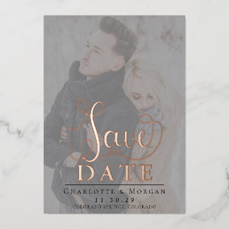 Elegant Calligraphy Two Photo Save the Date Rose Foil Invitation