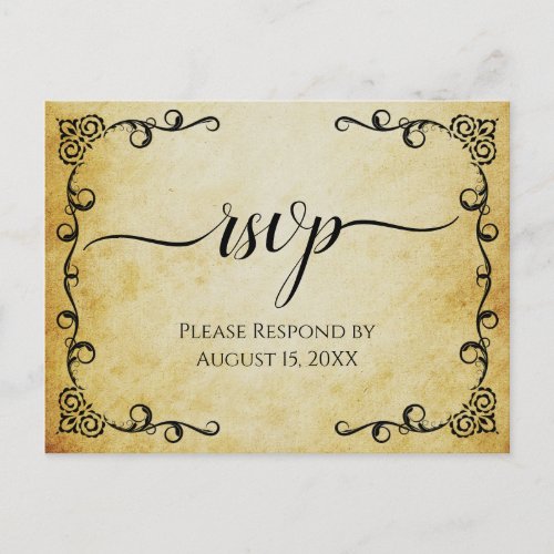 Elegant Calligraphy Vintage Parchment Wedding RSVP Postcard