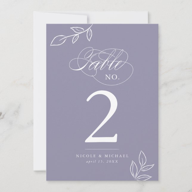 Elegant Calligraphy Violet Table Number (Front)