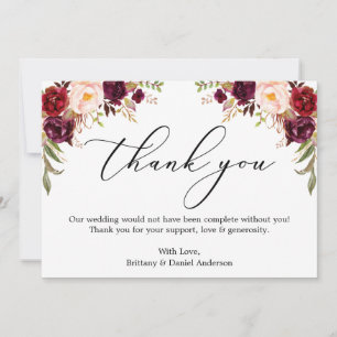 Elegant Calligraphy Watercolor Burgundy Floral Thank You Card