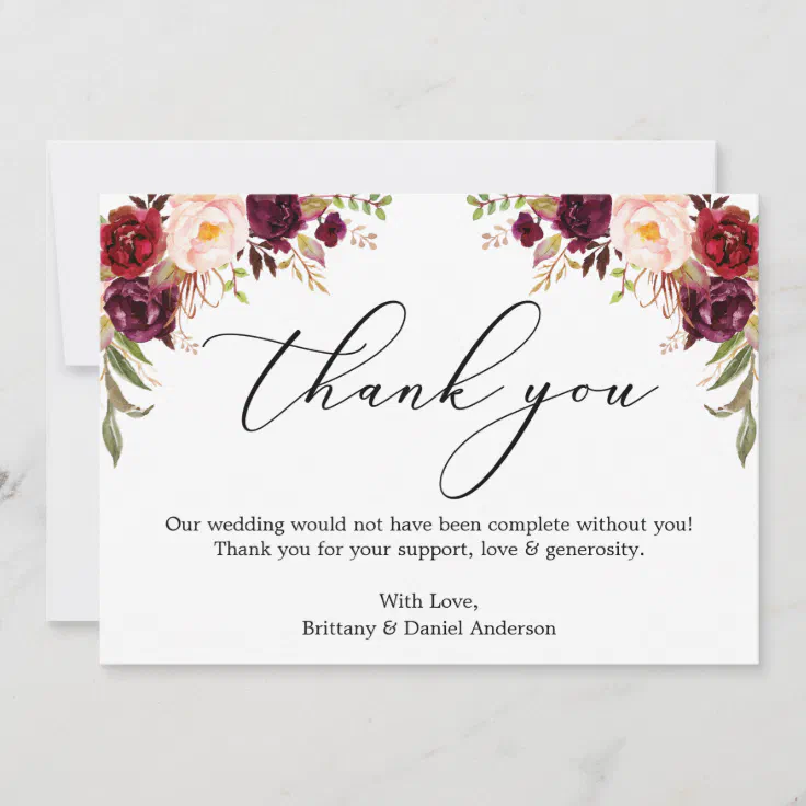Elegant Calligraphy Watercolor Burgundy Floral Thank You Card | Zazzle
