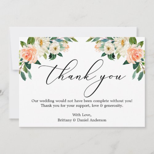 Elegant Calligraphy Watercolor Coral White Floral Thank You Card
