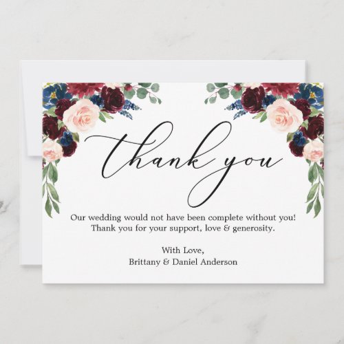 Elegant Calligraphy Watercolor Floral Wedding Thank You Card