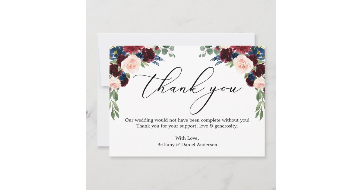 Elegant Calligraphy Watercolor Floral Wedding Thank You Card | Zazzle