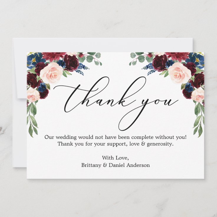 Elegant Calligraphy Watercolor Floral Wedding Thank You Card | Zazzle