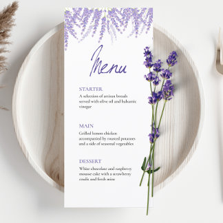 Elegant Calligraphy Watercolor Lavender Wedding Menu