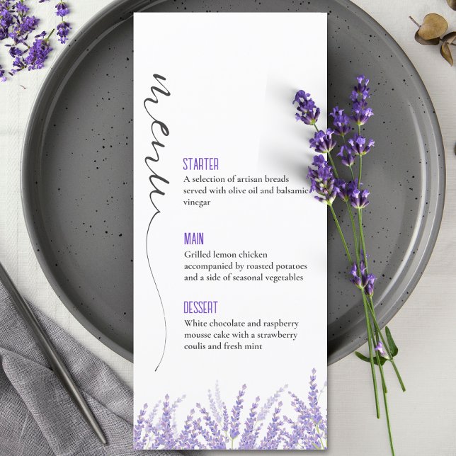Elegant Calligraphy Watercolor Lavender Wedding Menu (Elegant Calligraphy Lavender floral Wedding Menu)