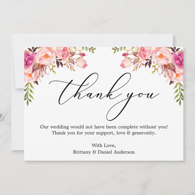 Elegant Calligraphy Watercolor Pink Floral Thank You Card (Front)
