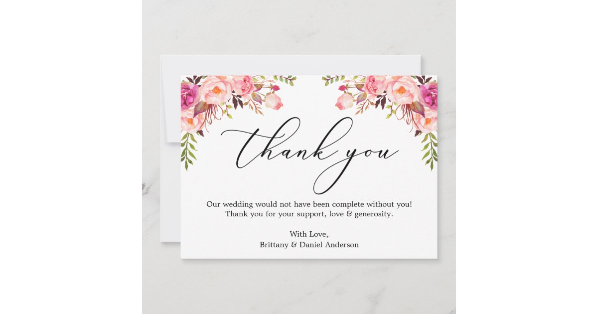 Elegant Calligraphy Watercolor Pink Floral Thank You Card | Zazzle