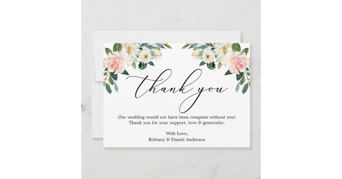 Elegant Calligraphy Watercolor Pink White Floral Thank You Card | Zazzle