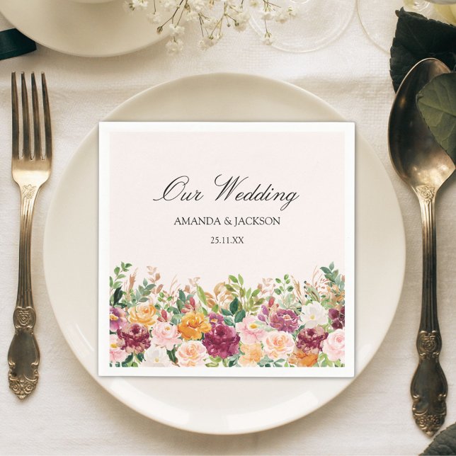 Elegant Calligraphy Watercolor Rose Flower Wedding Napkins (In situ)