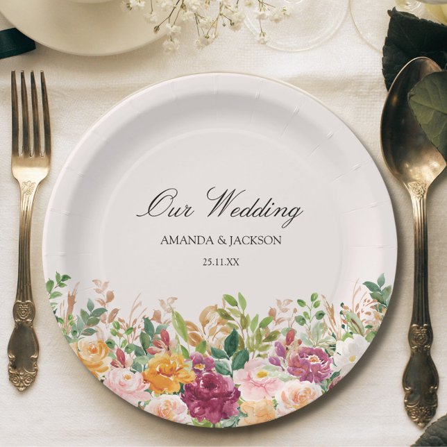 Elegant Calligraphy Watercolor Rose Flower Wedding Paper Plates (In situ)