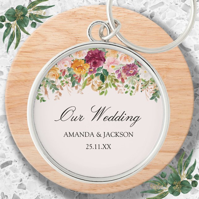 Elegant Calligraphy Watercolor Rose Garden Wedding Keychain (Close up)